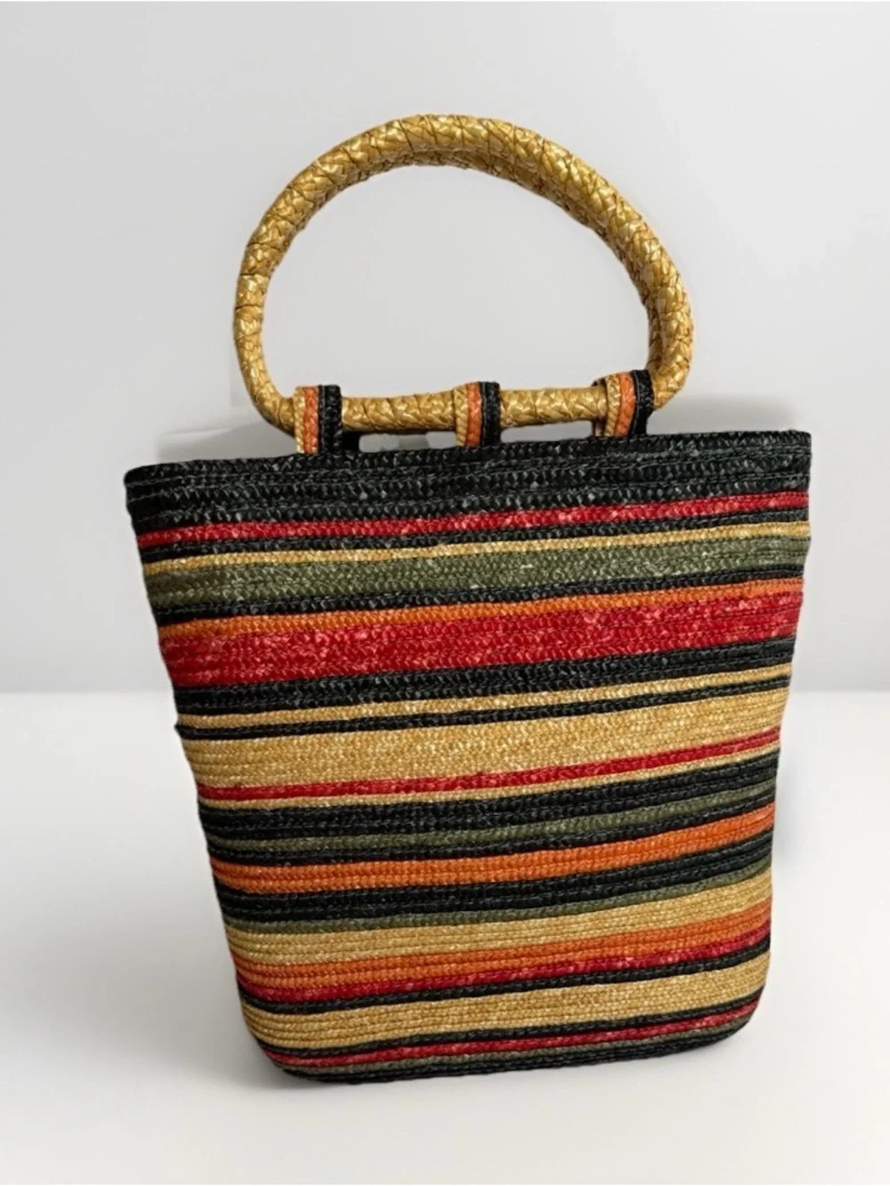 Vintage Woven Straw Stripe Tote Bag Purse Coastal Grandma Y2K Boho Summer Beachy